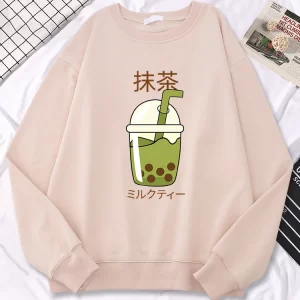 Casual Sweatshirt Matcha Tea Flavored Pearl Drink Design